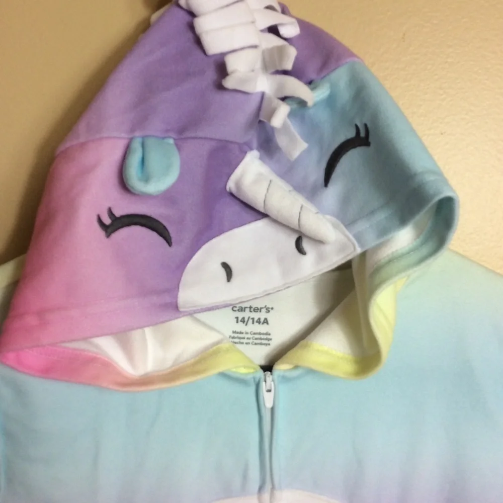 🎈3/$20!  Carter’s rainbow unicorn one piece hooded pajama. Onesie. Size 14.